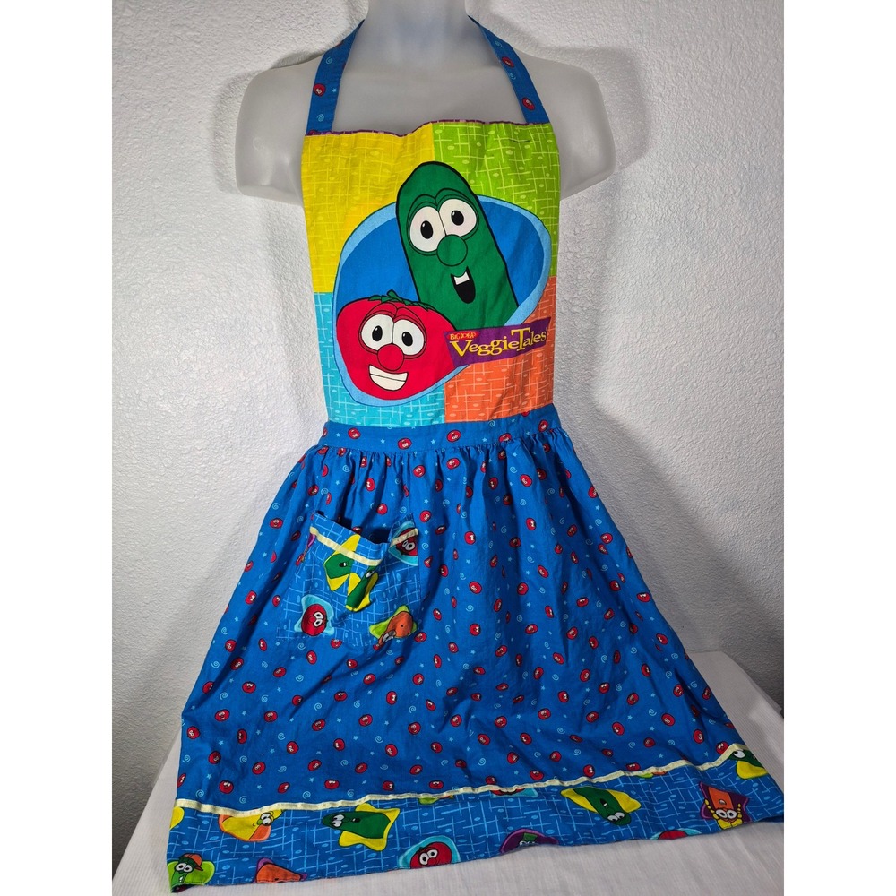 VeggieTales Bob the Tomato Larry the Cucumber Character Apron Blue Handmade